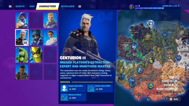 Centurion's location marked on the Fortnite map with services.