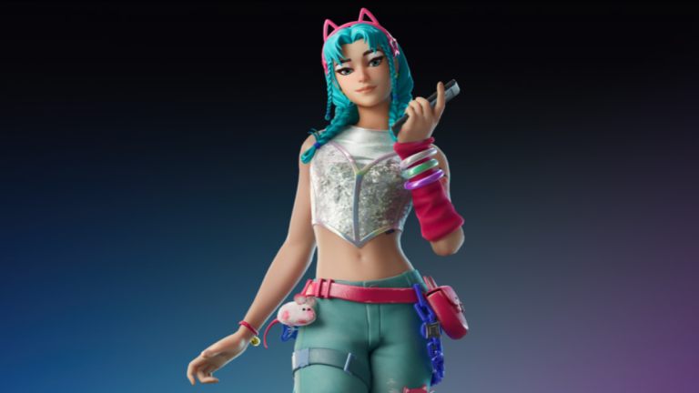 The Katalina Fortnite skin, showing a woman with blue hair and a cat-ear headband.