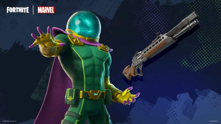 An image showing Mysterio in Fortnite alongside the Sovereign Shotgun.