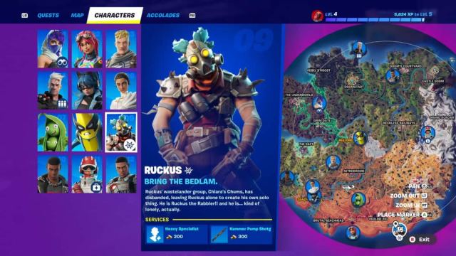 Ruckus' location marked on a Fortnite map alongside provided services.