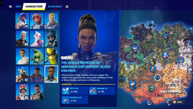 Shuri's location shown on the Fortnite map, with provided services.