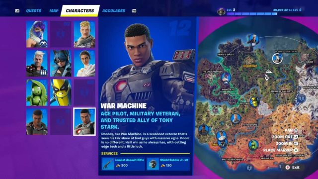 A screenshot of the Fortnite map with War Machine's location marked.