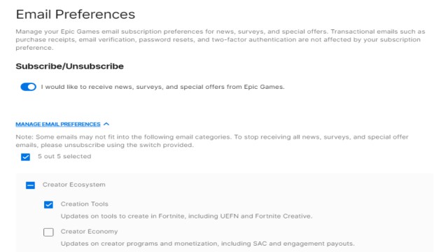 A screenshot of the email preferences page in an Epic Games account.