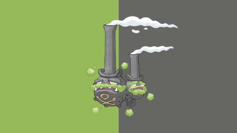 Galarian Weezing, a two-headed Pokemon with smoke-stack like hats.