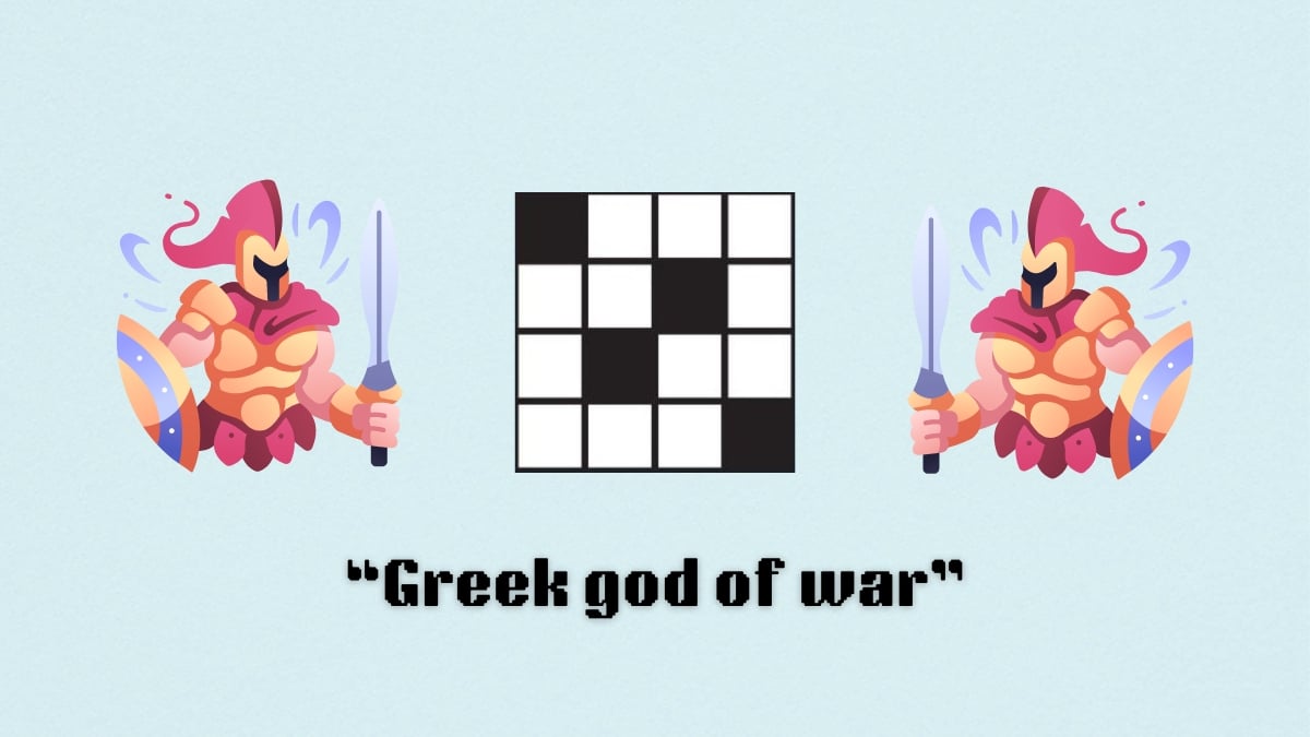 Two spartan warriors next to a crossword icon above the clue, greek god of war, from the Aug. 20 NYT Mini Crossword puzzle.