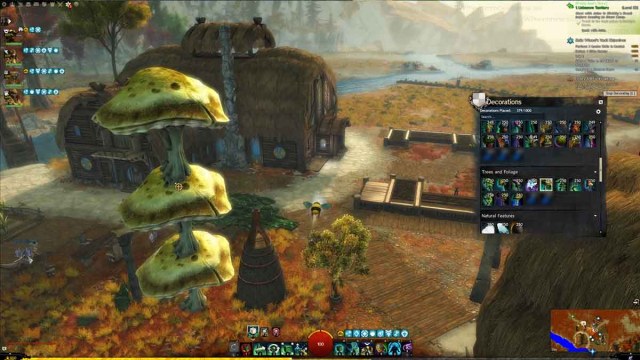 Character in Guild Wars 2 transformed into a bee while exploring the Homestead player housing island and building a stack of mushrooms