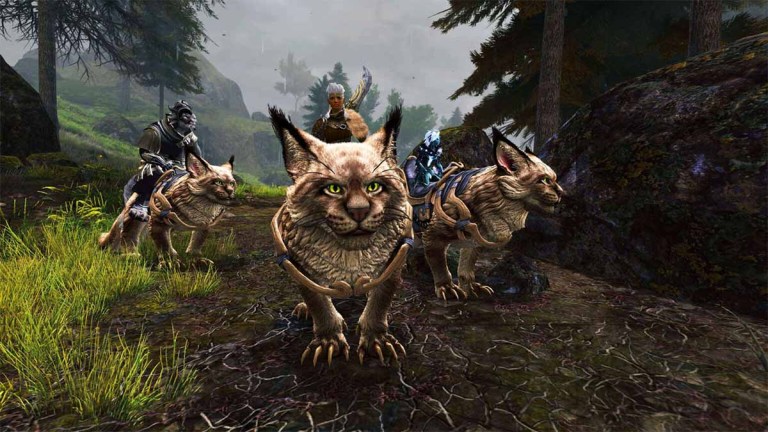 Three characters riding Warclaw tiger mounts in Guild Wars 2 Janthir Wilds expansion