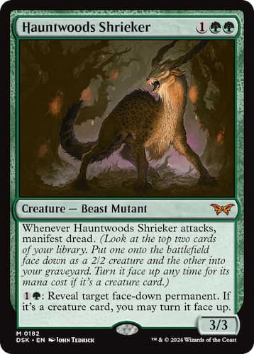 Mutant Best in woods with cat body and tail and moose head snarling with fangs exposed through MTG Duskmourn set