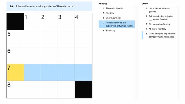 Informal term for avid supporters of Kamala Harris  clue highlighted in blue and yellow on the nyt mini crossword puzzle from aug. 12