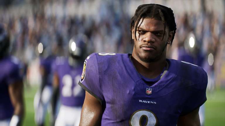 A close-up shot of the Baltimore Ravens' Lamar Jackson in Madden 25.