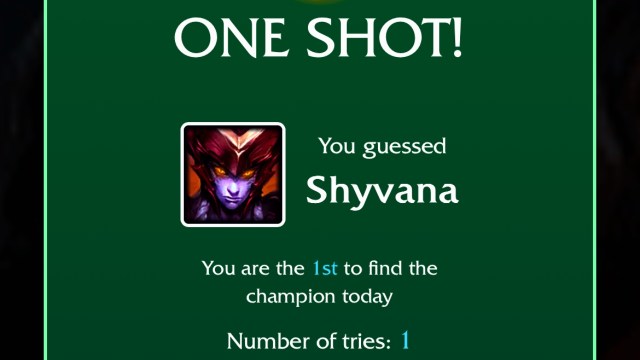 An icon of Shyvana with the one-shot success message for accurately guessing the LoLdle quote for Aug. 16