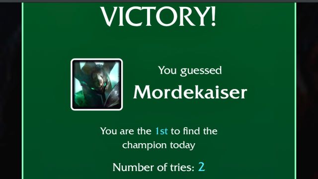 A victory message with the Mordekaiser icon for the Aug. 6 LoLdle quote challenge.