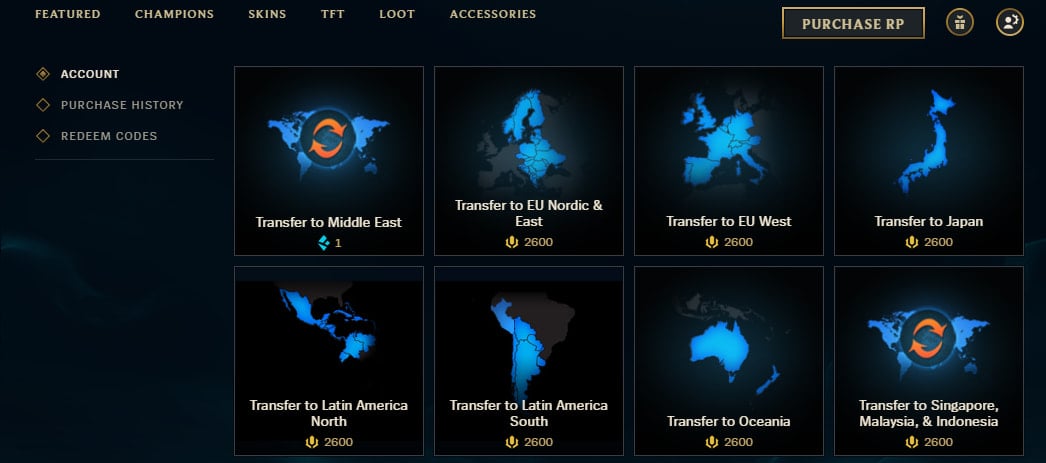 The account transfer page in the LoL client store.