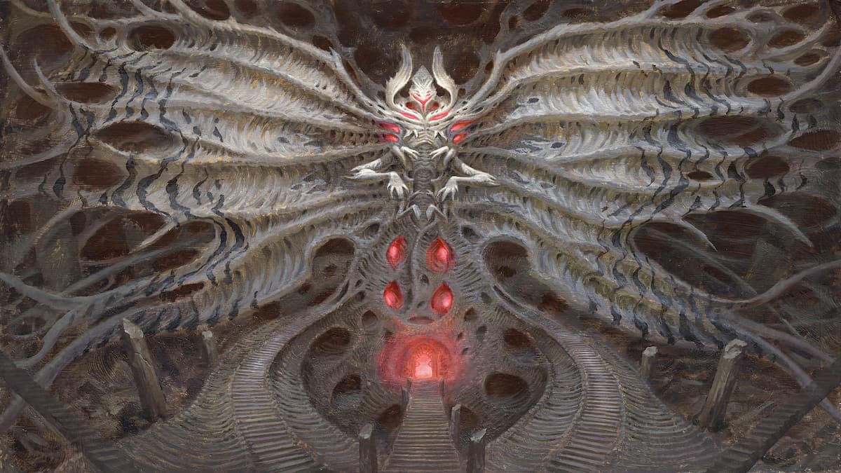 Demon in black and red with red glowing eyes, multiple arms, and shadow aura in MTG Duskmourn Commander deck
