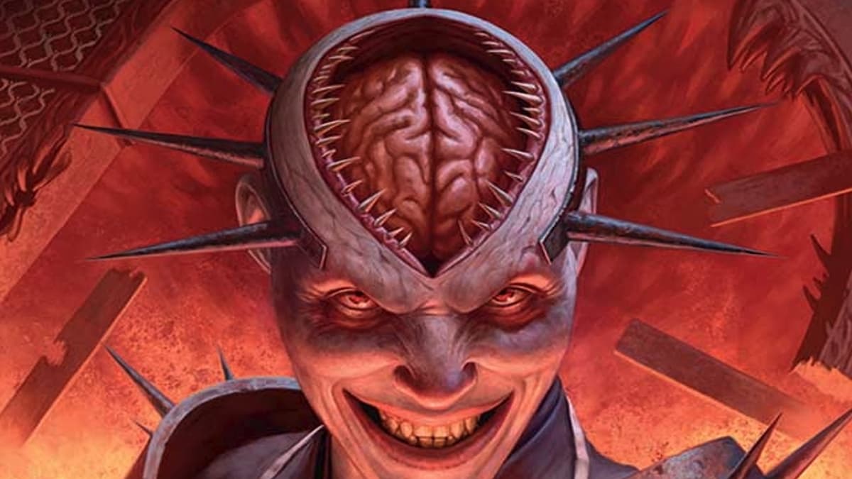 Image of human with a zipper head exposing brain with a steel head piece with spikes through MTG Duskmourn set