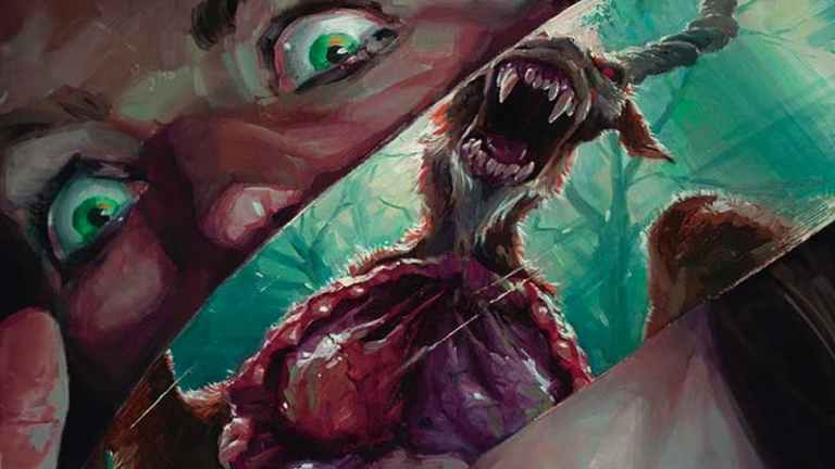 Scared blue human eyes looking at monster with long fangs and muscles showing shown through reflection in sword in MTG Duskmourn set