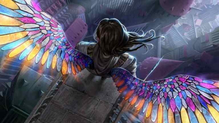 Angel with stained-glass wings standing over city with long hair in MTG