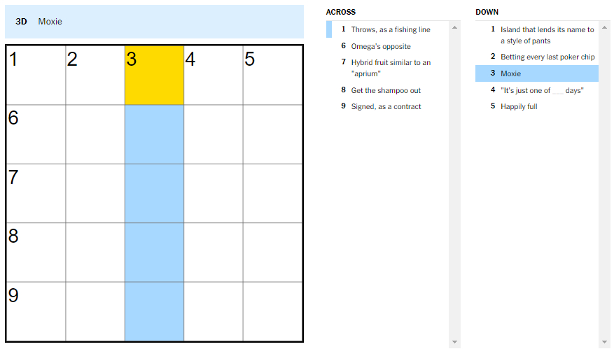 Picture showing the Moxie clue in NYT Mini Crossword.