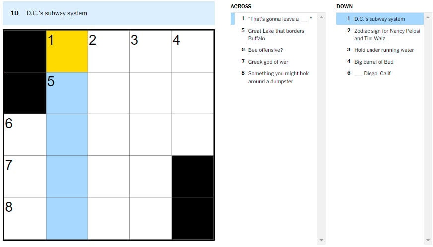 Picture showing the 'D.C.'s subway system' clue in NYT Mini Crossword.