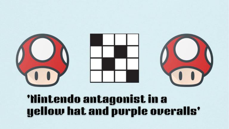 Picture showing the Nintendo antagonist in a yellow hat and purple overalls clue in NYT Mini Crossword.