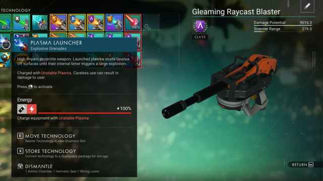 An image of the Plasma Launcher from No Man's Sky. This is a grenade upgrade that launches blasts that deal AOE damage.