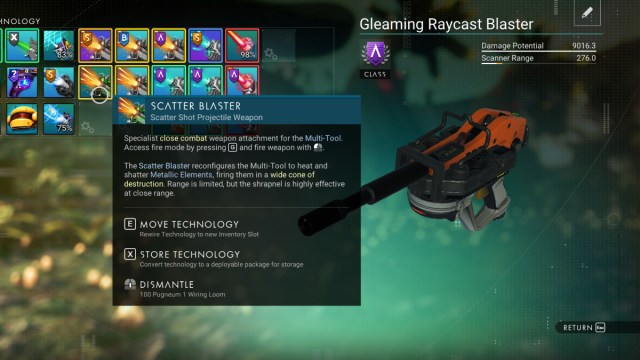 An image of the Scatter Blaster from No Man's Sky, an augment that turns your weapon into a shotgun.