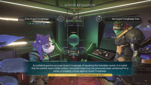 An image of a Settlement Dispute in No Man's Sky. This scenario features two different NPC aliens accusing each other of crimes, and the player must choose who to side with.