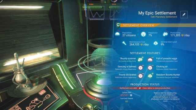 An image of the Settlement Screen in No Man's Sky. This screen is a collection of all your settlement stats.