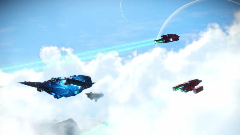 An image from No Man's Sky of three small ships flying through the clouds.