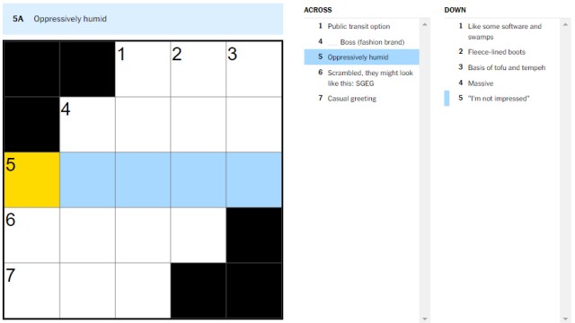 Picture showing the Oppressively humid clue in NYT Mini Crossword.