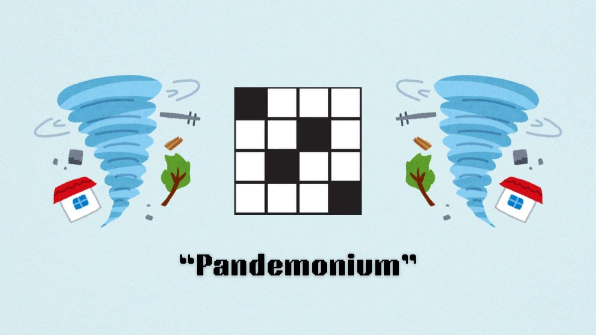 two destructive tornados next to a crossword puzzle above the clue pandemonium from the nyt mini crossword puzzle