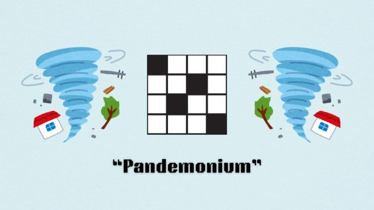 two destructive tornados next to a crossword puzzle above the clue pandemonium from the nyt mini crossword puzzle