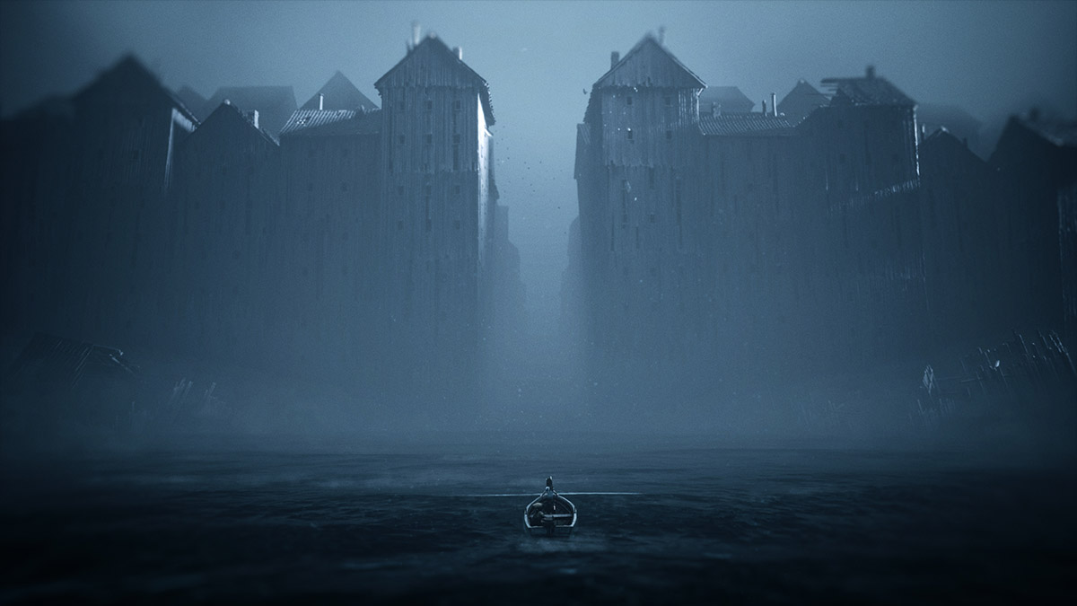 Two characters in REANIMAL rowing a boat into a dark city