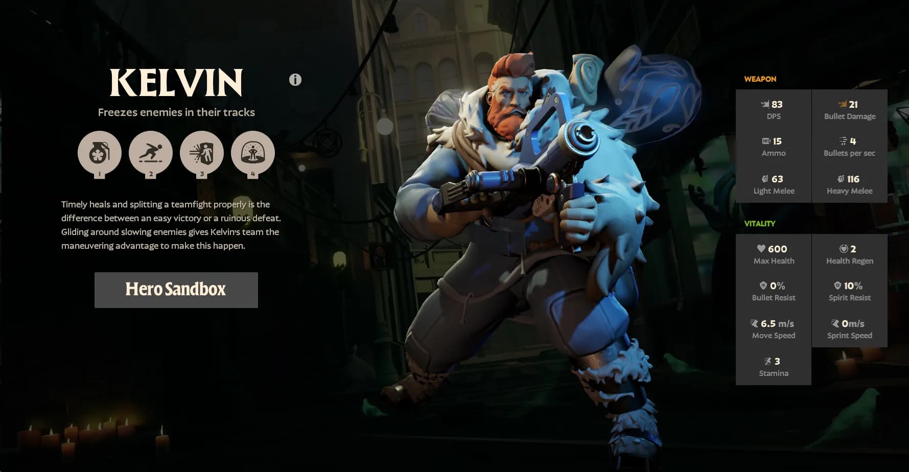 A screenshot of the hero Kelvin from Deadlock with stats and abilities displayed.