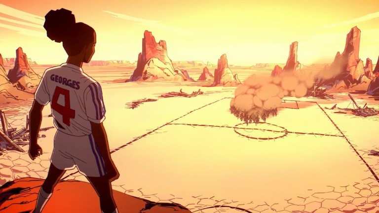 A female soccer player looks over a desert pitch, shadowy figures are running across the pitch