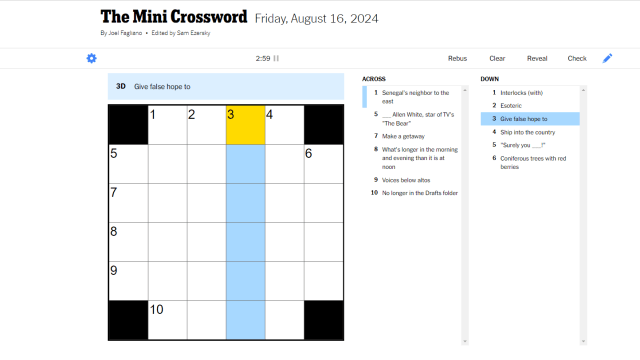 A blank NYT crossword with six down highlighted