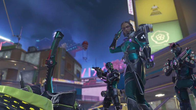 Bangalore salutes a fallen Ash with a knife sticking out of her as Mirage and Octane brandish weapons in the background.