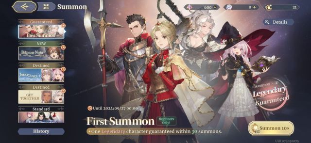 A summoning banner screen for the starter banner in Sword of Convallaria. A group of four fantasy characters are assembled behind the game UI.