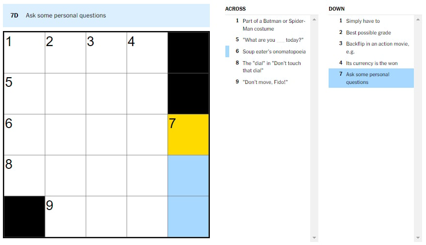 Picture showing the 'Ask some personal questions' clue in today's NYT Mini crossword.