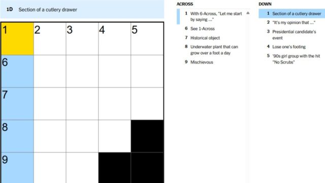 section of a cutlery drawer clue in nyt times mini crossword for aug. 15