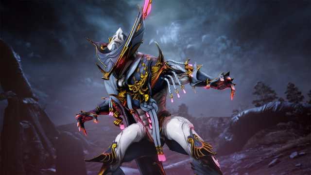 Sevagoth Prime, with his unique skin, terrorizes what looks to be a piece of the Plains of Eidolon in Warframe.