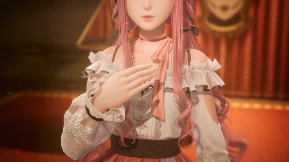 Shot of Nikki from nose down to her waist, with her hand on her chest while she stands on stage in Infinite Nikki