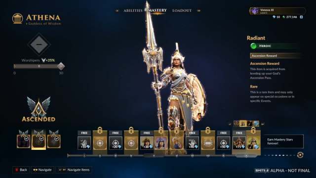 A screenshot of Athena's Ascension Pass in Smite 2 showing a skin.