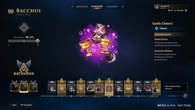 A screenshot of Bacchus' Ascension Pass in Smite showing an emote.