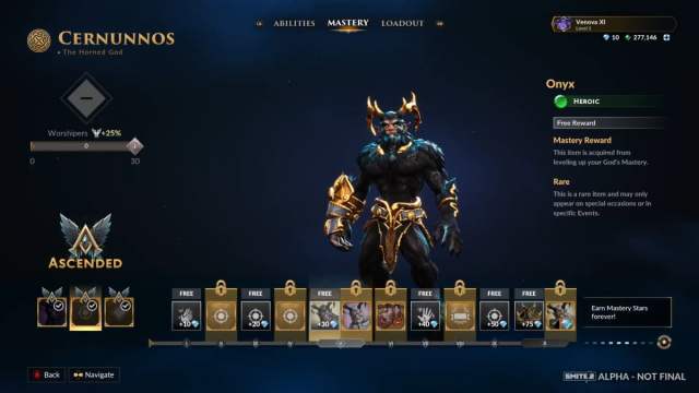 A screenshot of Cernunnos' Ascension Pass in Smite 2 showing a skin.