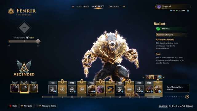 Fenrir's Radiant skin shown in the Smite 2 Ascension Pass.