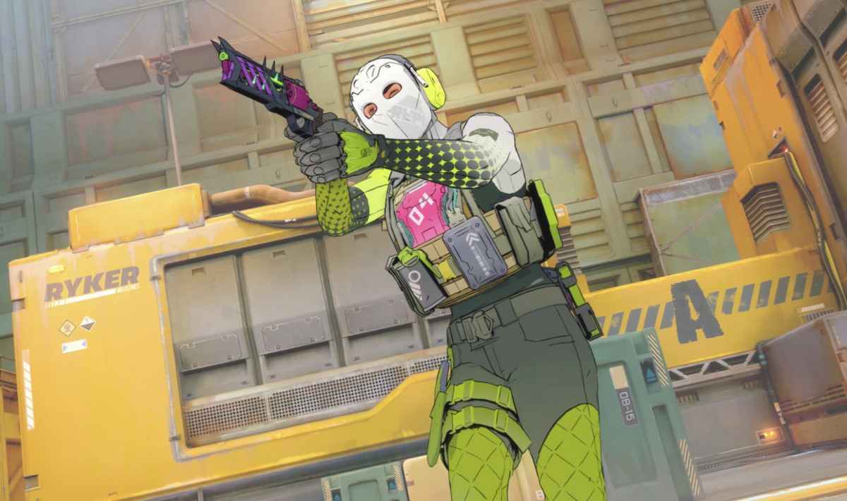 A promotional image from Spectre Divide, showing a masked figure holding a colorful pistol with a green and grey outfit.