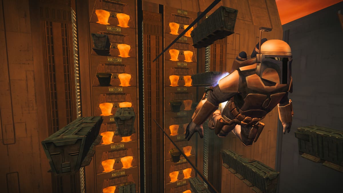 Jango Fett using a jetpack in Star Wars Bounty Hunter.