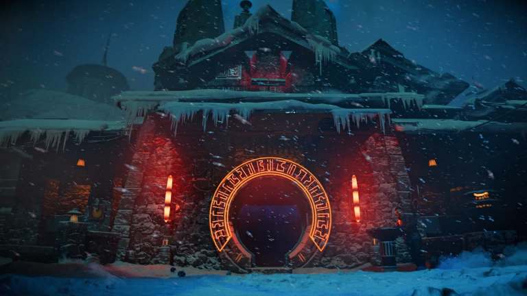 A glowing orange script rings a circular door on a stone building in the middle of a snowstorm.