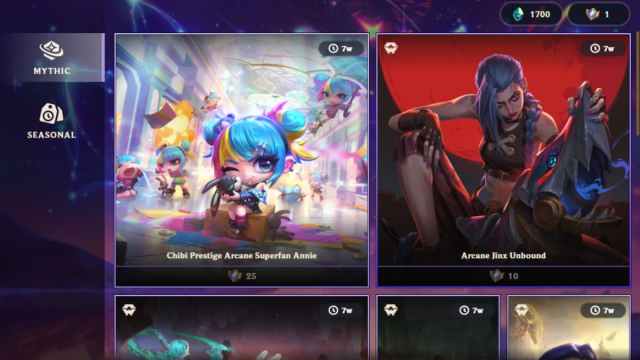 An image from TFT of the Mythic Shop, where players can spend their Mythic Medallions on cosmetics. These include arcane themed cosmetics.